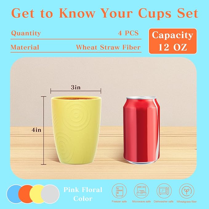 Homienly Drinking Glasses & Shatterproof Cups Set of 4 | Premium Wheat Straw, Non-Toxic Reusable Plastic Cups | Dishwasher & Microwave Safe for Beach, Camping... (12 oz, Beach Color) - Image 2