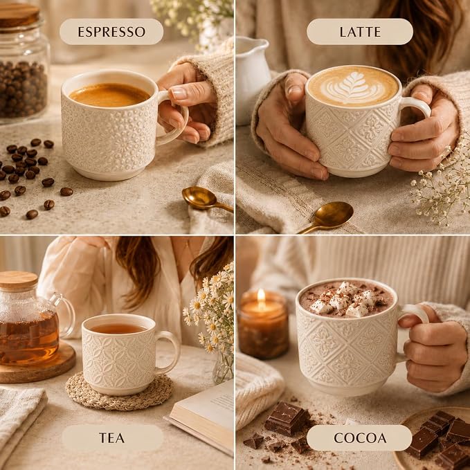 6 Oz Coffee Cups Set of 4, Espresso Cups with Stand, Stackable Cappuccino Mugs Set, Embossed Coffee Cup for Latte, Tea, Cocoa, Mocha, Housewarming Present, Dishwasher Safe - Image 9