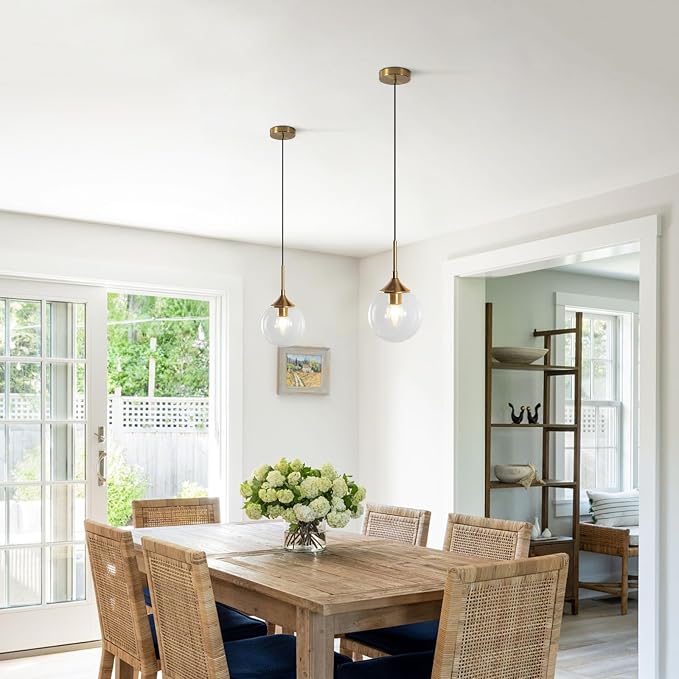 KCO Lighting Brass Gold Small 7.1” Clear Bubble Glass Globe Pendant Light | E26 Base, Sloped Ceiling, Mid Century Modern Adjustable Hanging Ceiling Lamp for Kitchen Island Sink Dining Table Bedroom Bar - Image 4