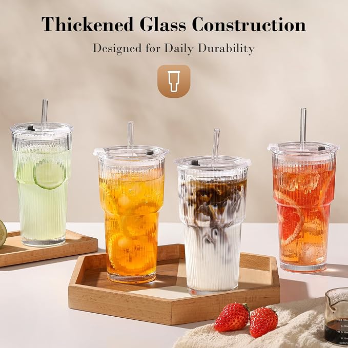 20oz Iced Coffee Cups with Lids, Ribbed Glass Cups with Lids and Straws | Thick Reusable Glass, Leak-Resistant Lids, Fits Most Car Cup Holders, For Iced Coffee, Tea, Smoothies and Cold Drinks - Image 7
