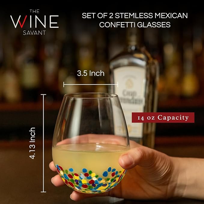 Large Stemless Wine Glasses – Set of 2-14oz Luxury Hand Blown Confetti Margaritas, Martini, Cocktails, Water, Wine, Dessert & Champagne Glasses Cinco de Mayo, Hand Blown - Mexican Confetti Glass - Image 2