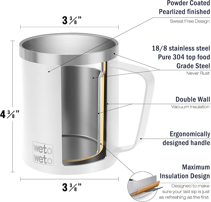 WETOWETO 14 oz Coffee Mug, Vacuum Insulated Camping Mug with Lid, Double Wall Stainless Steel Travel Tumbler Cup, Coffee Mugs Outdoor, Powder Coated White - Image 3