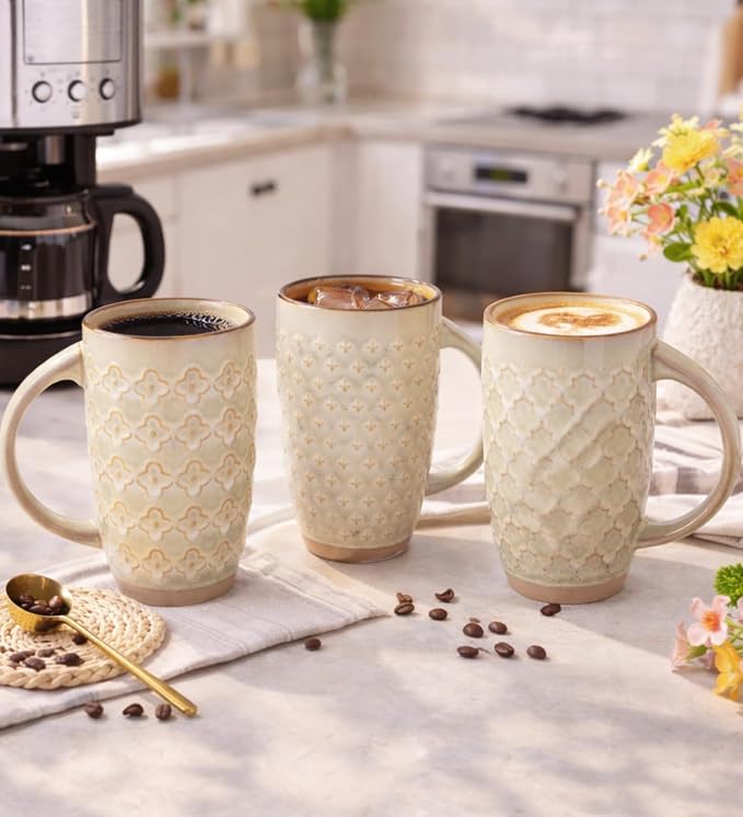 GBhome 20oz Large Coffee Mugs Set of 6, Handmade Tall Ceramic Coffee Mugs with Texture Patterns for Cappuccino, Latte,Hot Cocoa, Dishwasher & Microwave Safe-Pale Khaki - Image 6