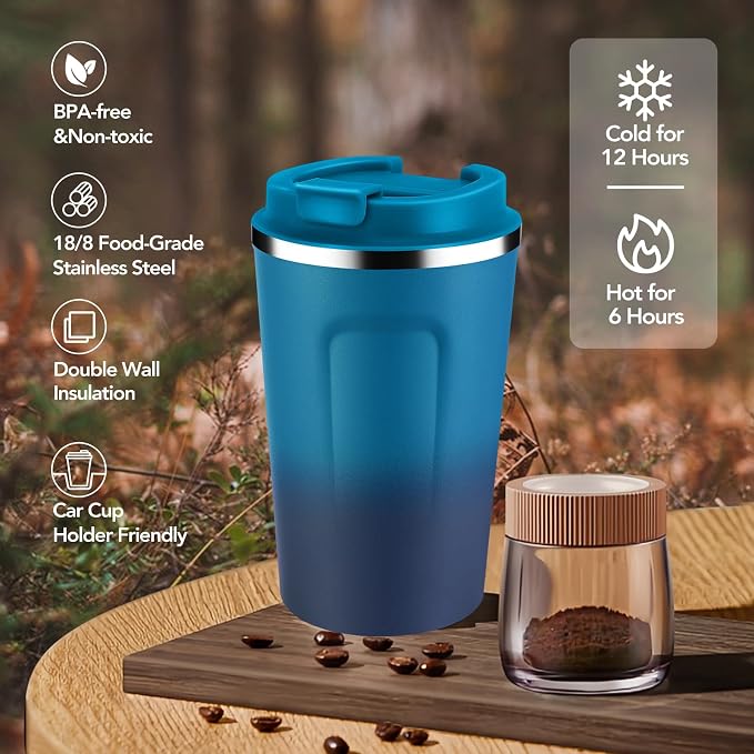 Volhoply 12 oz Double Wall Insulated Vacuum Travel Coffee Mugs with Flip Lid Bulk 2 Pack,Reusable Stainless Steel Leak Proof Coffee Cup,Portable Thermal Tumbler for Cold & Hot Drinks(Dark Night,2 Set) - Image 5