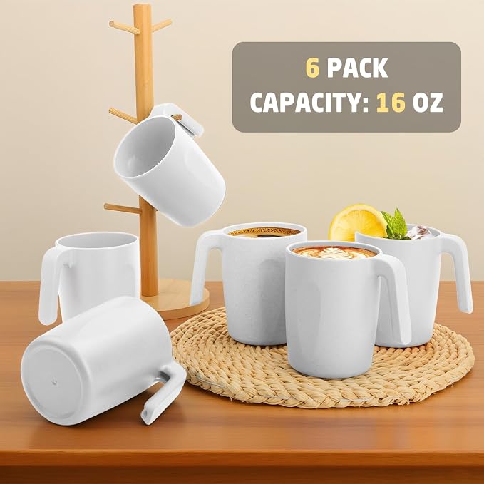 Wheat Straw Cups 16 OZ, Unbreakable Coffee Mugs Set of 6, Alternatives to Plastic Drinking Cups Reusable, Dishwasher Safe Coffee Cups for Kitchen, Camping, Farmhouse - White - Image 7
