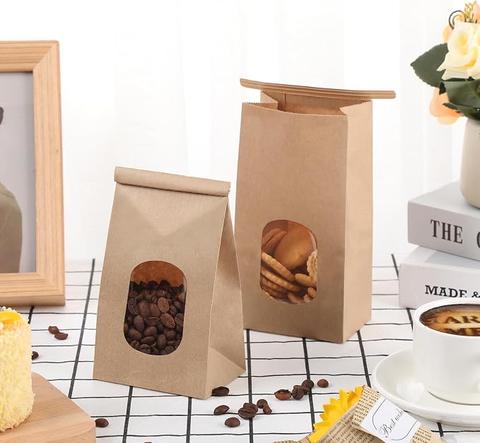 250 Pcs Bakery Bags with Window Small Kraft Paper 3.54 x 2.36 x 6.7 Inch Cookie Treat Tin Tie Tab Lock Brown for Coffee Food Candy Gift Packaging Party - Image 5