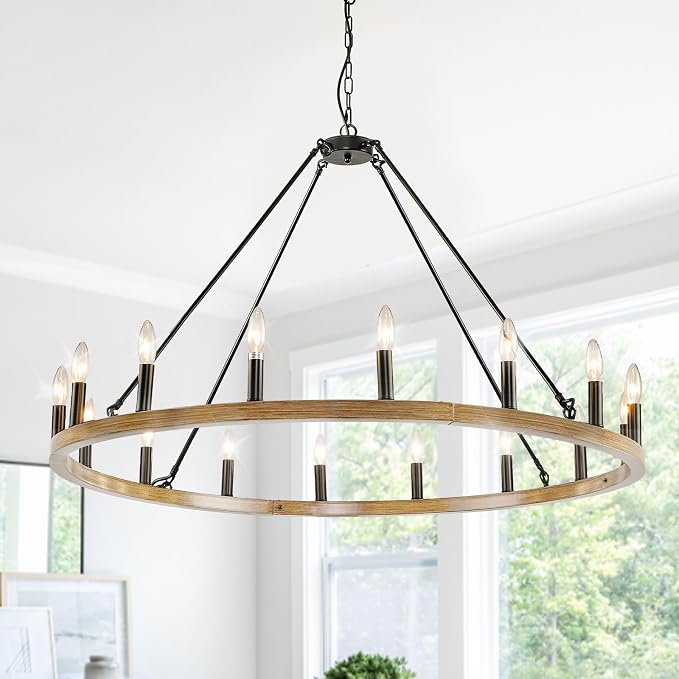 WJShome 16-Light Wagon Wheel Chandelier Farmhouse, 43" Extra Large Chandeliers for High Ceilings, Modern Chandeliers for Dinning Room, Kitchen Island, Entryway, Foyer, Living Room, Black&Khaki by SofaFurniture