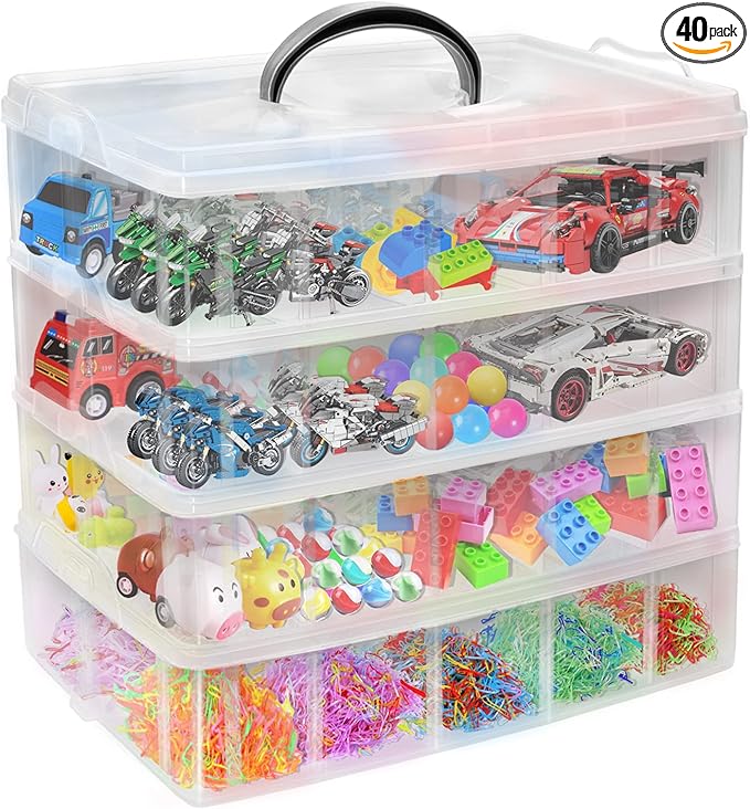 4-Tier Stackable Storage Container Box with 40 Adjustable Compartments, Plastic Organizer Box Transparent Storage Case for Kids Toys, Art Crafts, Jewelry, Supplies, Fuse Beads, Washi Tapes