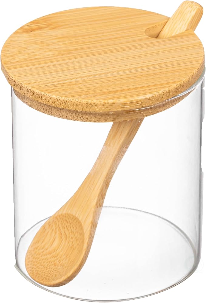 Basicwise 3-Piece Glass Containers with Bamboo Lids and Tray Holder – Decorative Storage for Condiment Pots and Spice Jars - Coffee Station Accessories, Perfect Organizer for Home Kitchen or Café - Image 8