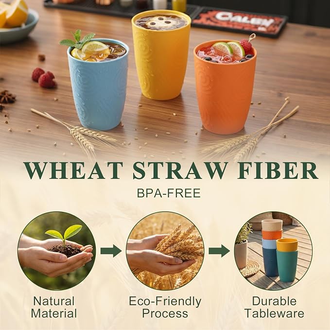12oz Wheat Straw Cups Set of 6, Alternatives to Plastic Cups Reusable, Unbreakable Drinking Glasses, Microwave & Dishwasher Safe Drinking Cup, Small Water Cup for Kitchen, Party (Multicolor) - Image 2