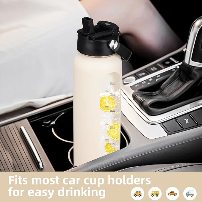 24 oz Glass Water Bottle with 2 Lids-Handle Straw Lid & Bamboo Lid,1 Liter Motivataional Tumbler Water Bottle Time Marker, Borosilicate Glass Water Bottles With Silicone Sleeve, Leakproof