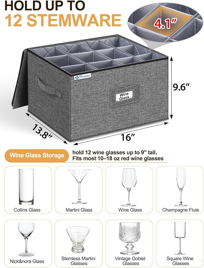Wine Glass Storage Box for 24 Glasses, Hard Shell Stackable Moving Case | Hard shell side and bottom support with padded dividers for crystal glasses, stemware and drinkware; stackable for moving - Image 2
