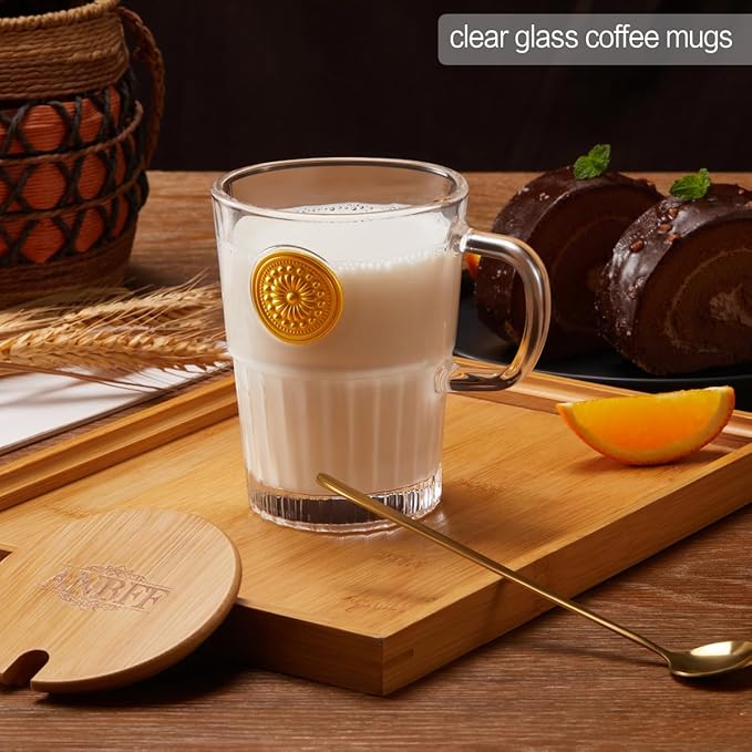 Vintage Glass Coffee Mugs Set of 2, 15oz Embossed Glass Coffee Cups with Bamboo Lids and Spoons, Handmade Clear Tea Cups with Handle and Gift Box - for Cappuccino, Latte, Milk