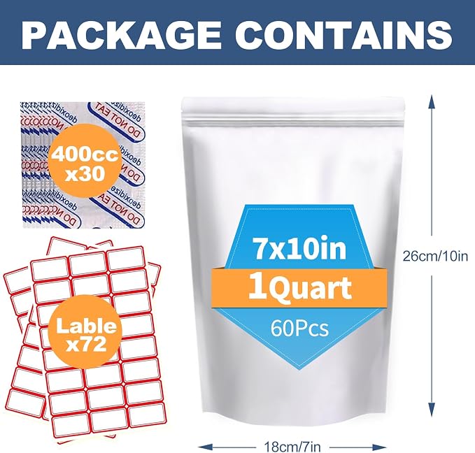 60PCS 1Quart 7"X10" Mylar Bags for Food Storage with Oxygen Absorbers&Lables,10 Mil Thick Resealable Stand-Up Zipper&Heat Sealable Bags for Long Term Food Storage,Dried Food - Image 2