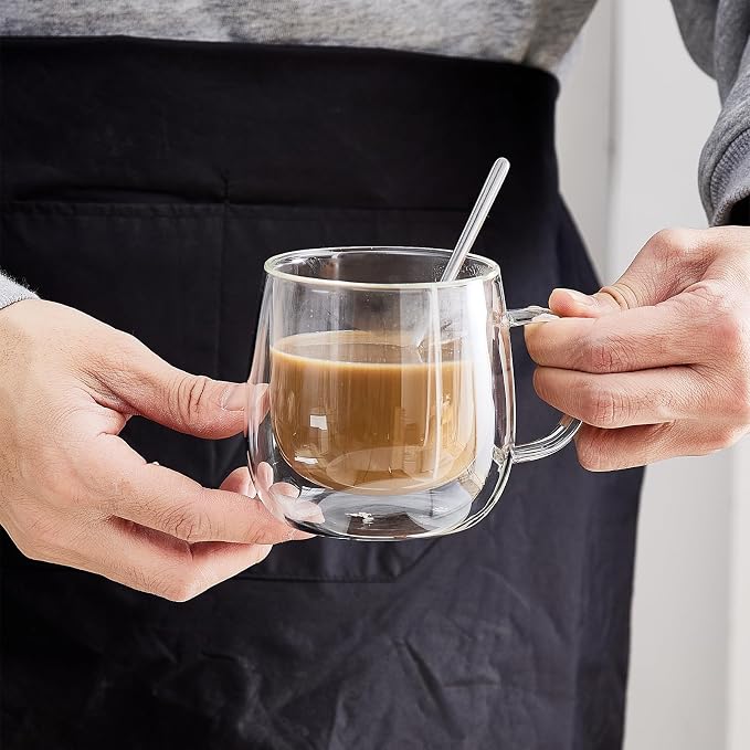Double Wall Glass Coffee Mugs 10 Oz with Handle - Set of 2 | Insulated Clear Espresso Coffee Mug with Handle, Double Walled Coffee Cups for Cappuccino, Latte, Tea, Hot Drinks - Image 6