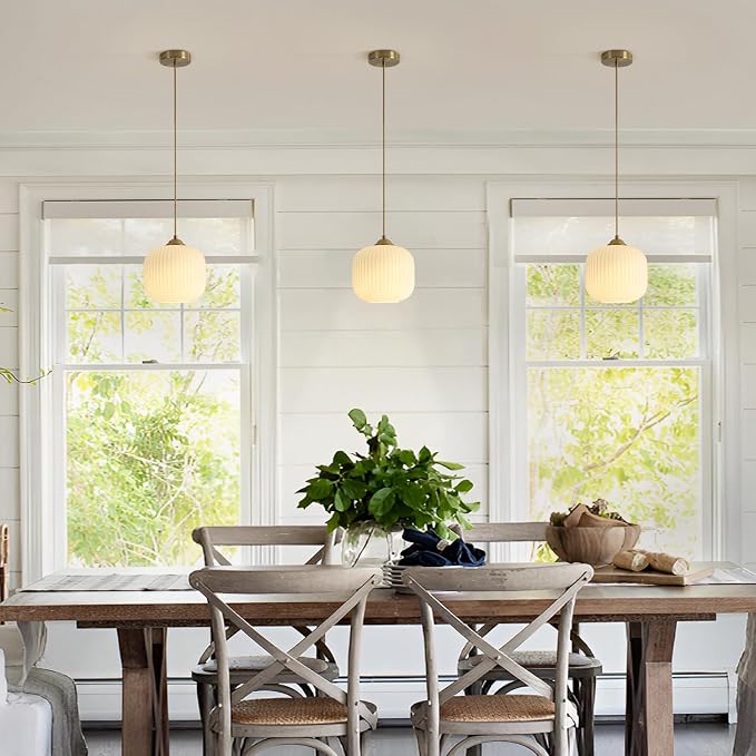 KCO Lighting Modern Brass Gold 7.9” Ribbed White Milk Glass Pendant Light | Adjustable Cord, E26 Small Mid Century Modern Hanging Light for Sloped Ceiling Kitchen Island Dining Room Bedroom Entryway - Image 4