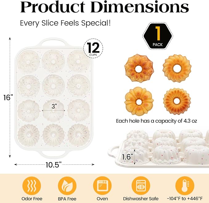 Vinino 3 Inch Mini Fluted Cake Pan, 1 Pack with Metal Frame | 4 Shapes 12 Cavity Mini Cake Mold for Flan, Jello, Pudding, Brownies & Desserts, Easy Release Silicone Design - Image 3