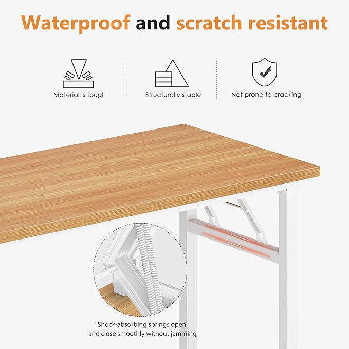 DlandHome 47 Inch Folding Computer Desk, Fully Assembled, Teak White | Foldable Writing Table, Portable Activity Conference Table for Home Office, Wood Top Metal Frame, Collapsible Easy Storage - Image 5