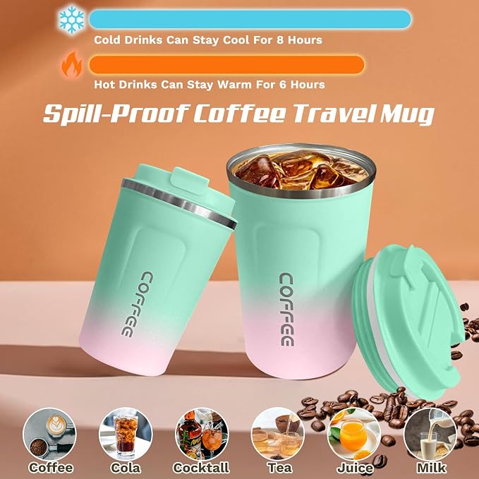 SPLMIFA Travel Coffee Mug Leak-Proof, Reusable Coffee Cups with Lids, Stainless Steel Vacuum Insulated Coffee Tumblers, Thermal Insulation Cup for Men and Women Hot & Cold Drinks(2nd-Green Pink, 17OZ) - Image 2
