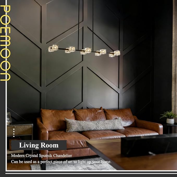 Black Gold Crystal Chandelier 10-Light L 43" Modern Sputnik Ceiling Pendant Light Fixture Industrial Adjustable Hanging Lights for Dining Room Kitchen Island Living Room Bar - Image 6
