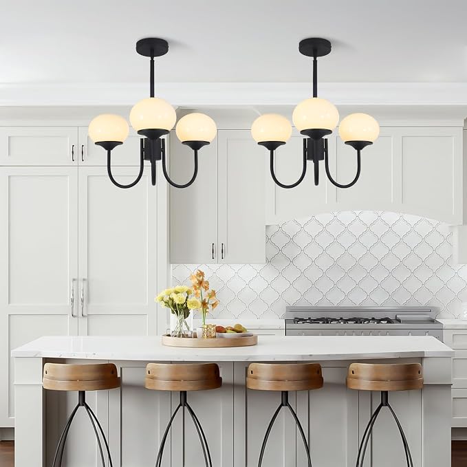 Mid Century Modern Pendant Light 3-Light Milk Glass Chandelier Frosted Globe Chandelier Black Sputnik Ceiling Light Fixture for Living Room Bedroom - Image 4