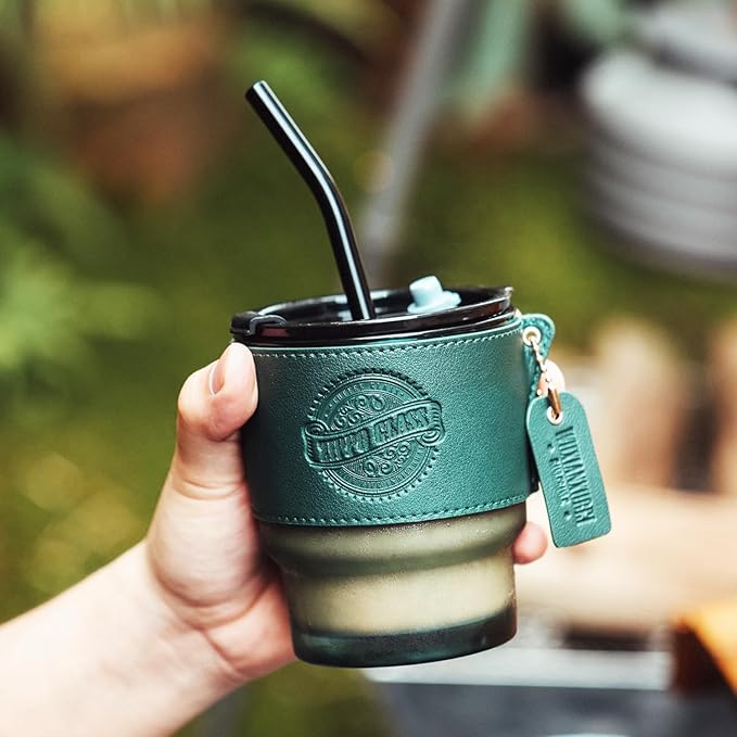 14 oz Glass Tumbler with Straw and Lid,Coffee Cup,Glass Cups,Coffee Mug,Iced Coffee Cups with Lids,Tea Cup,Juice Glasses,Water Glasses,Smoothie Cups,Vintage Drinking Glasses with Sleeve and Coaster