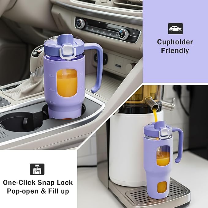 32oz Glass Tumbler with Straw Handle and 2-IN-1 Sip & Spout Lid, Reusable Iced Coffee Cup for Smoothie, Matcha, Leakproof Glass Water Bottle with Straw and Silicone Sleeve, BPA Free-Purple