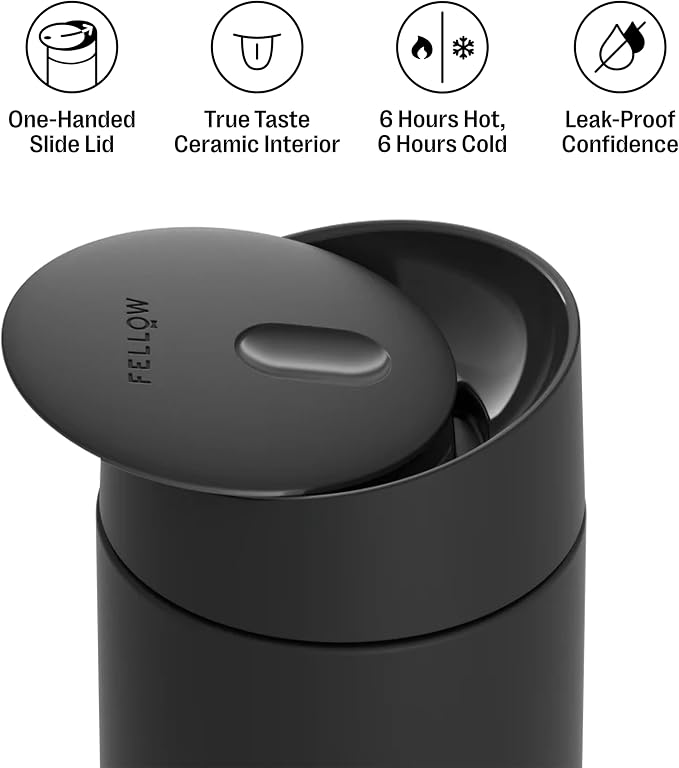 Fellow Carter Slide Ceramic Lined Travel Coffee Mug 12 oz, One-Handed Lid | No Metallic Taste Stainless Steel Coffee Tumbler, Leak-Proof, Hot 6Hr Cold 6Hr, BPA-Free, Dishwasher Safe, Black - Image 2
