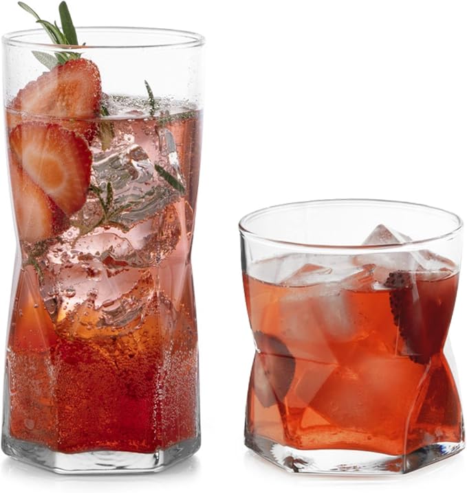Libbey Rhombus Tumbler and Rocks Drinking Glasses Set of 16, Fun Geometric Glass Cups Set, Kitchen Glasses Set for Cocktails, Water, and Everyday Use by Libbey