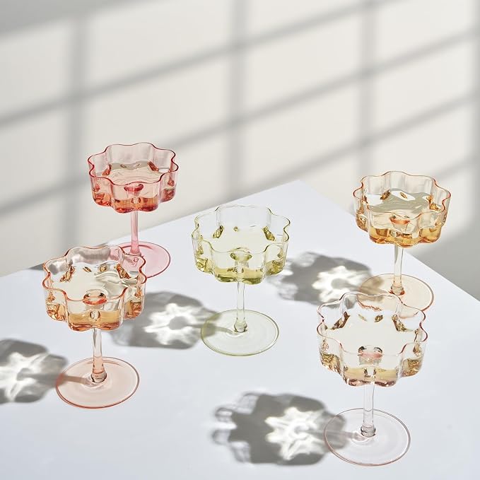 Summer Flower Scalloped Vintage Wavy Petals Wave Glass Coupes 7oz Colorful Martini, Champagne & Cocktails, 5 Set Colored Rippled Champagne Glasses, Elegant Bar Glassware, Aesthetic Coupe Glassware by Khen