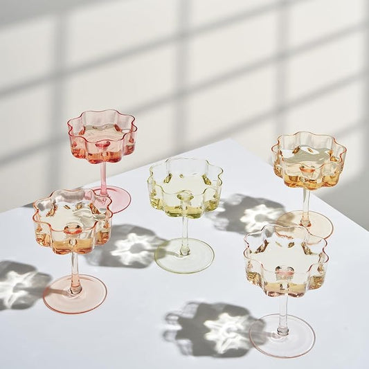 Summer Flower Scalloped Vintage Wavy Petals Wave Glass Coupes 7oz Colorful Martini, Champagne & Cocktails, 5 Set Colored Rippled Champagne Glasses, Elegant Bar Glassware, Aesthetic Coupe Glassware by Khen