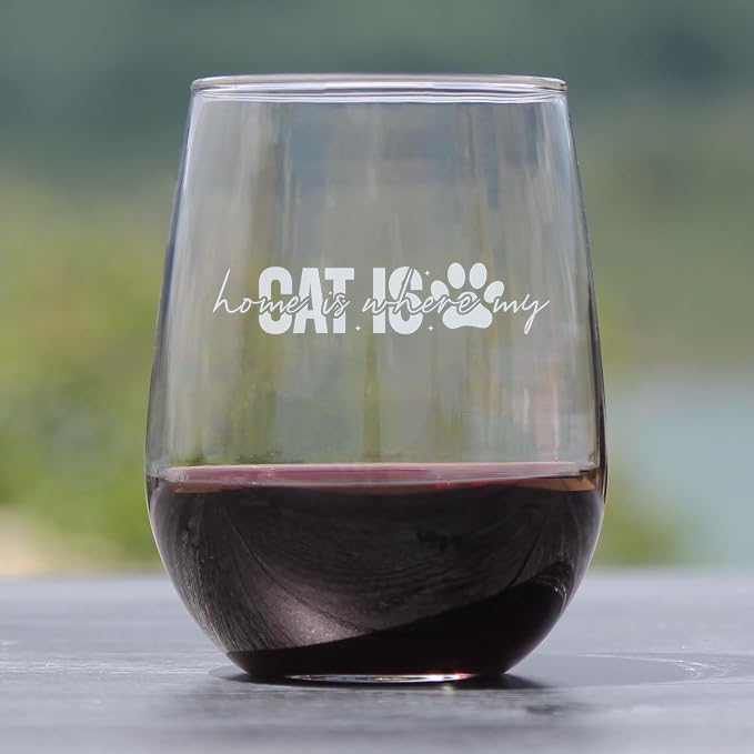 Cat Lover Stemless Wine Glass, 'Home is Where My Is', 17oz Hand Engraved Etched Glassware - Image 2