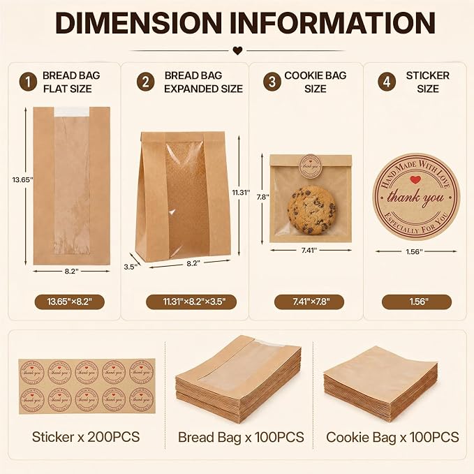 200PCS Large Bread Bags 13.7”x8.3”x3.5” and Cookie Bags 7.8”x7.41” for Homemade Bread and Cookies with Clear Window with 200 Stickers Sourdough Bread Bags for Toast Nuts Candy - Image 3