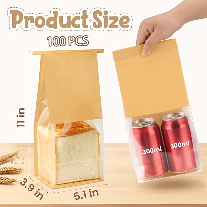 HONKID Bread and Cookie Bags with Seal, 100 Pack 11 x 5.1 x 3.9 Inches Bakery Bags with Window Reusable Tin Tie Tab Lock for Sealed Baked Goods Packaging for Pastry Bagels Breads Treats Cookies Brown - Image 2