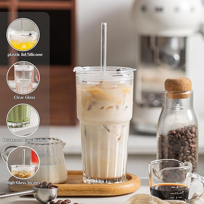 INSETLAN 20oz Clear Glass Cups & Tumbler Set with Lids & Straws – 2-Pack, Reusable Drinking Cups for Iced Coffee, Smoothies, Tea, Juice, Leak-Proof, Spill-Proof, Ideal for Home and Outdoor Use
