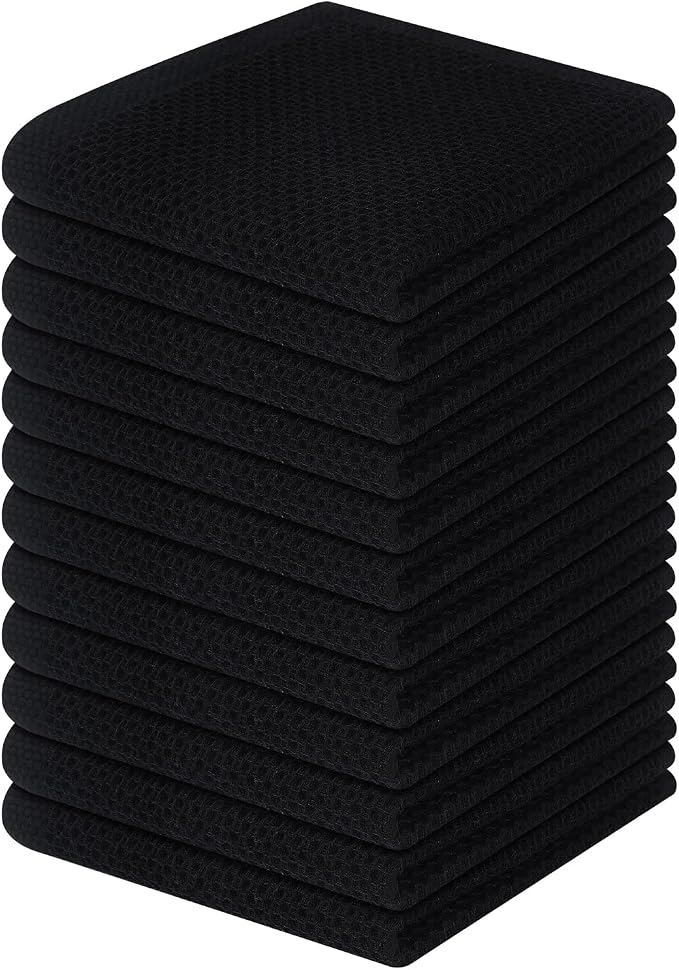 Homaxy 100% Cotton Waffle Weave Kitchen Dish Cloths 12-Pack, Black | 12 x 12 Inches, Ultra Soft Absorbent Dish Towels, Quick Drying Dish Rags with Hanging Loop by Homaxy