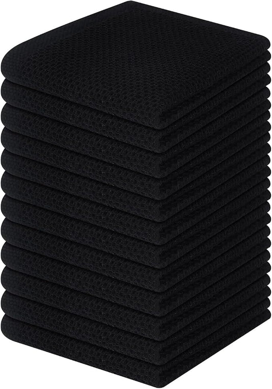 Homaxy 100% Cotton Waffle Weave Kitchen Dish Cloths 12-Pack, Black | 12 x 12 Inches, Ultra Soft Absorbent Dish Towels, Quick Drying Dish Rags with Hanging Loop by Homaxy