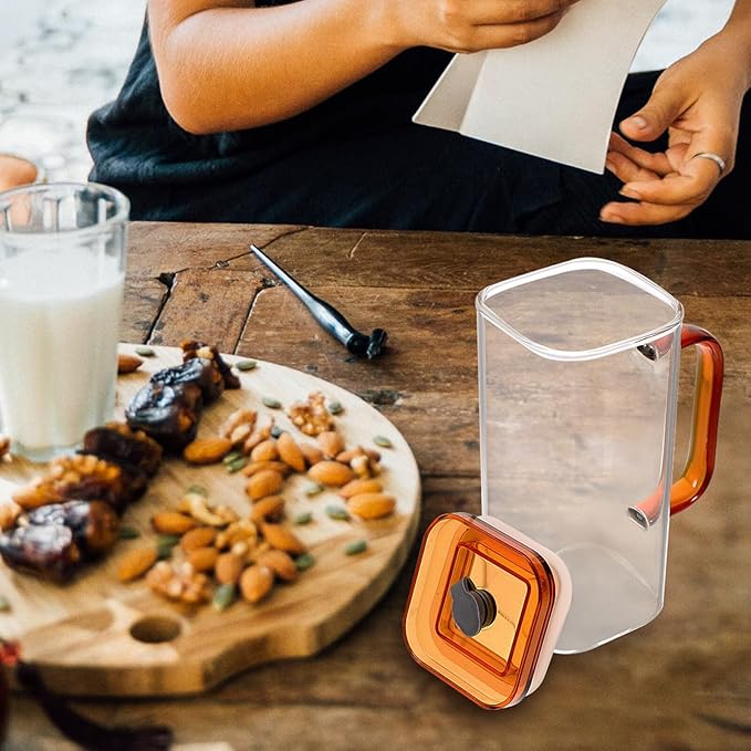 High Borosilicate Glass Cup with Straw and Amber Handle Square PP Lid Transparent Beverage Tumbler for Milk Juice Iced Coffee Portable Drinking Glass with Lid for Home and Outdoor