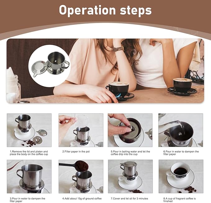 Vietnamese Coffee Dripper 2 Set Stainless Steel Vietnamese Coffee Filter 3.3x2.5in Professional Washable Reusable Cafe Accessories Dripper, Filter, D