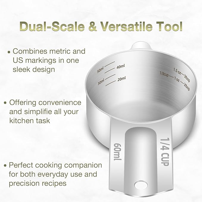 1PCS 1/4Cup (60ml, 2oz) Single Measuring Cup, Etched Inner Scale Stainless Steel Measure Scoop, Metric and US Measurement, Dishwasher Safe