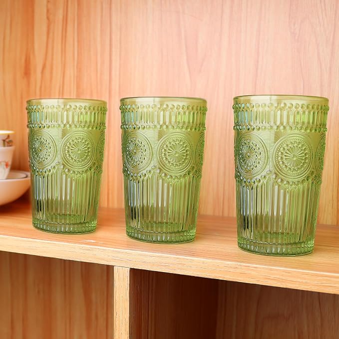 Loivttvv 6pcs Vintage Drinking Glasses Set, 12 oz Green Highball Glasses, Embossed Ribbed Glassware Cups for Cocktail, Water, Juice, Coffee, Whiskey - Image 4