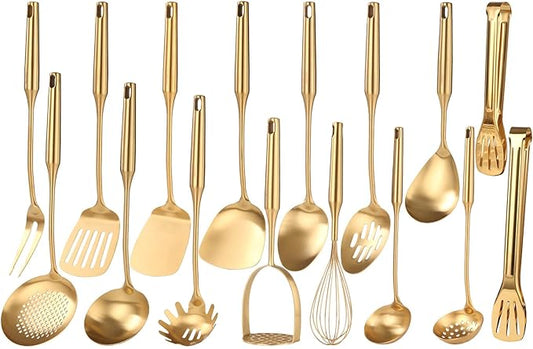 Gold Cooking Utensils Set - 16 PCS All Metal Small and Large Spoons Set | 18/10 Stainless Steel Kitchen Tools, 15″ Serving Utensil - Whisk, Masher, Fork, Tongs, Spatula, Turner, Ladle, Skimmer, Pasta by Standcn