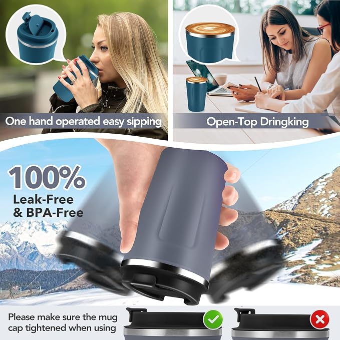 Volhoply 12 oz Double Wall Insulated Vacuum Travel Coffee Mug with Flip Lid,Reusable Stainless Steel Leak Proof Coffee Cup,Portable Iced Cafe Thermal Tumbler Suitable for Hot & Cold Drinks(Gray,1 Set) - Image 6