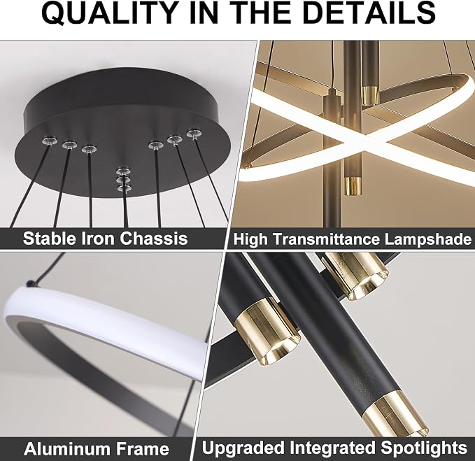 ORANOOR LED Black Modern Chandeliers, Dimmable 24inch Kitchen Pendant Light | Dining Room Light Fixtures Ceiling Hanging Over Table, 2 Ring Round Chandelier for Bedrooms Living Room, LED Pendant Lamp 75W - Image 3