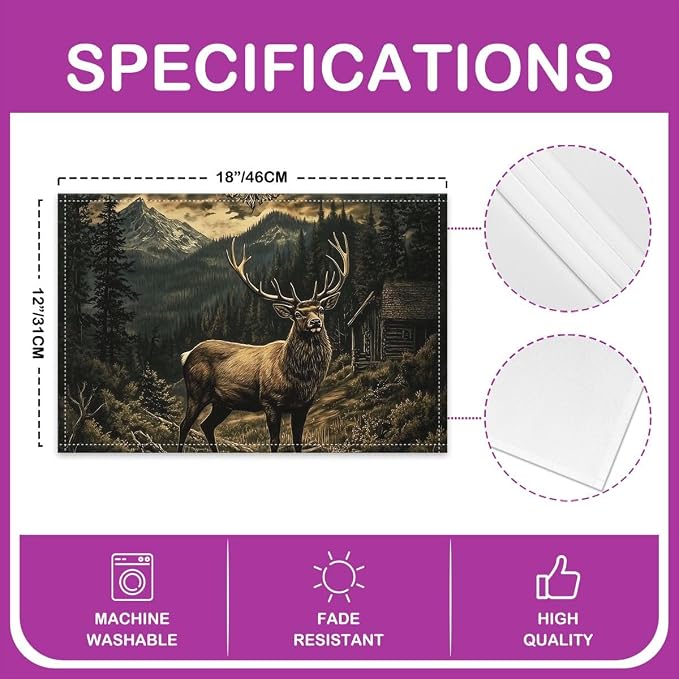 Feelyou Hunting Deer Placemats Set of 4 Rustic Cabin Table Mats for Party Kitchen Dining Decoration Deer Western Place Mat for Table Holiday Decor Indoor Outdoor 18"x12" Non-Slip Easy to Clean - Image 4
