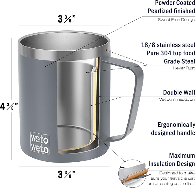 WETOWETO 14 oz Coffee Mug, Vacuum Insulated Camping Mug with Lid, Double Wall Stainless Steel Travel Tumbler Cup, Coffee Mugs Outdoor, Powder Coated Cool Grey - Image 3
