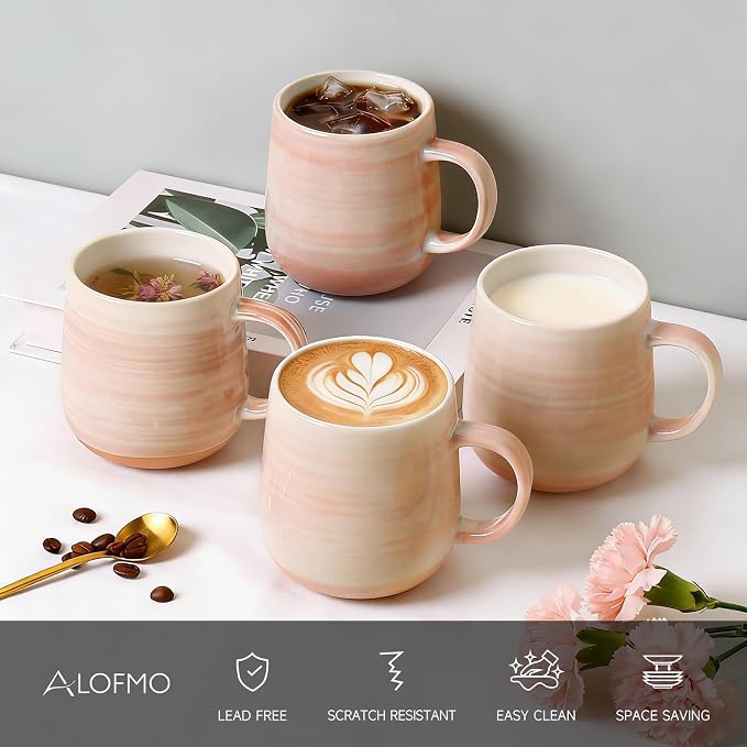 Coffee Mugs Set of 4, 12oz Stoneware Coffee Cups with Handle, Light Orange | Hand-Painted Ceramic Mugs Set for Women and Men, Dishwasher & Microwave Safe, Suitable for Hot Coffee, Tea, Cocoa, Milk - Image 4