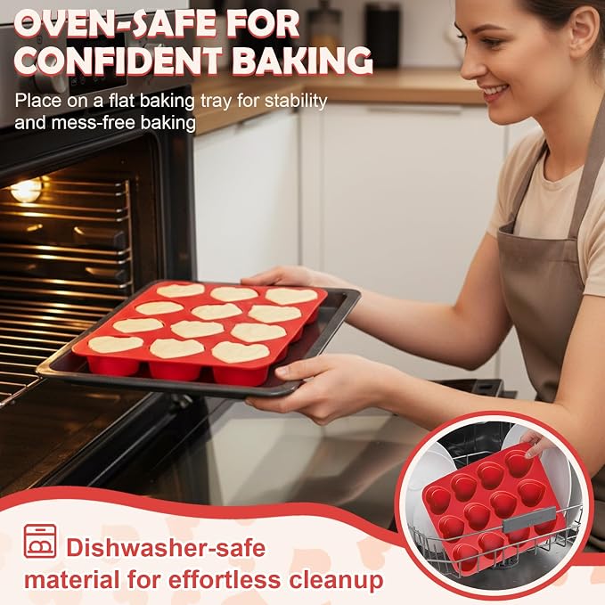 HKNMTT 2Pcs Silicone Heart Molds for Chocolate Muffin 12-Cavity Nonstick | 2.2 Inch，BPA-Free，Oven Safe Mold for Cakes Jello Soap Cupcake Dessert, Valentine's Day - Image 4