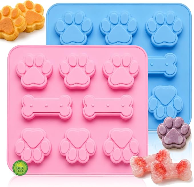 2 Pcs Dog Treat Molds Silicone with Puppy Dog Paw and Bone Shaped 2 in 1，Easy Release – Non-Stick Molds for Homemade Dog Treats, Pudding, Peanut Butter & Baking Biscuits by keliwa