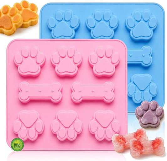 2 Pcs Dog Treat Molds Silicone with Puppy Dog Paw and Bone Shaped 2 in 1，Easy Release – Non-Stick Molds for Homemade Dog Treats, Pudding, Peanut Butter & Baking Biscuits by keliwa